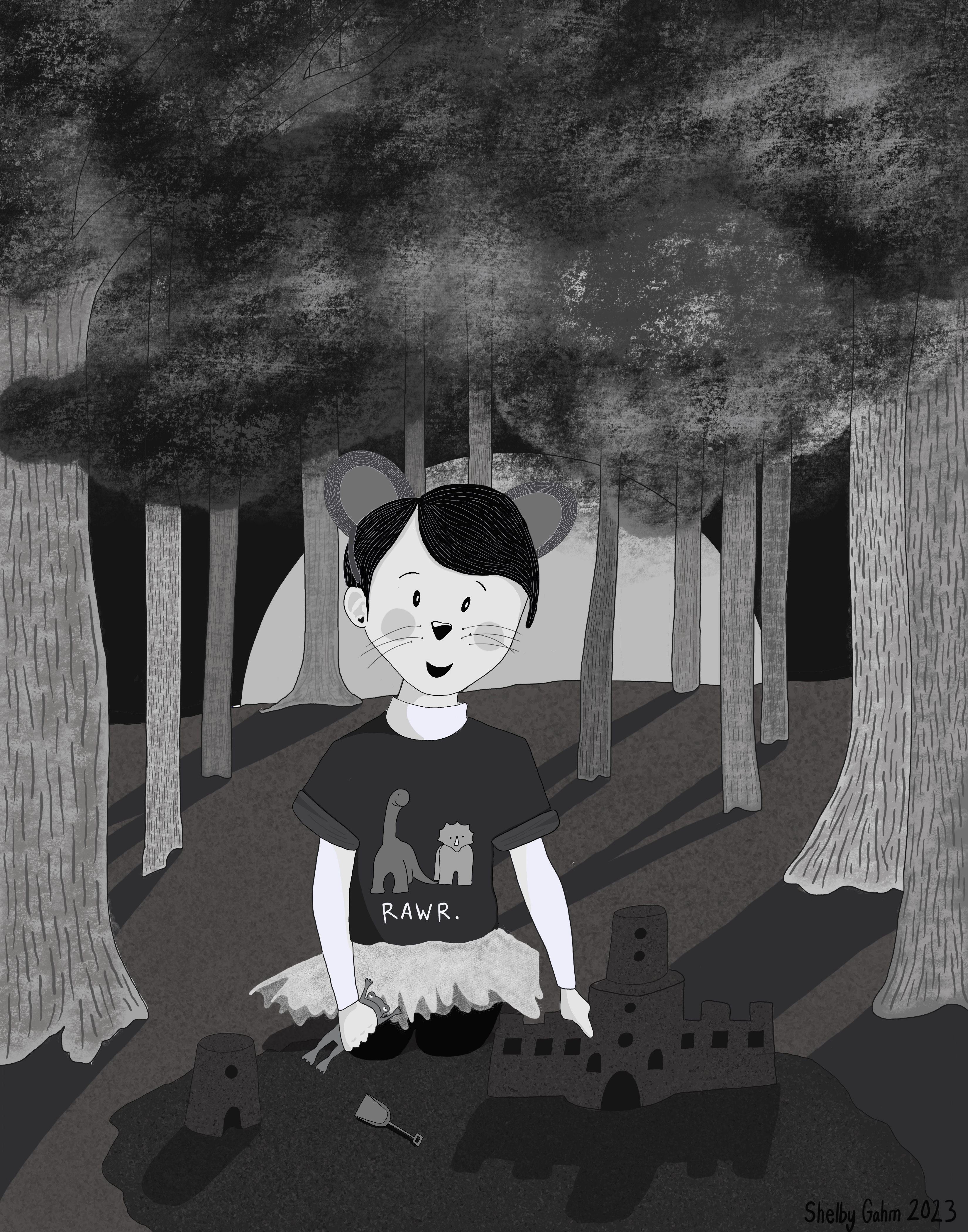 kid in dino shirt playing in sand