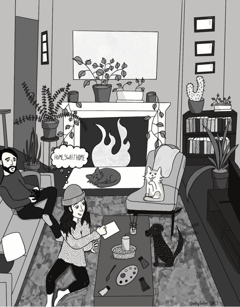 man and woman in apartment with pets