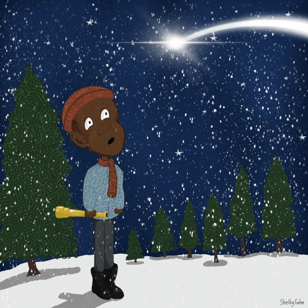 kid looking at shooting star in snow