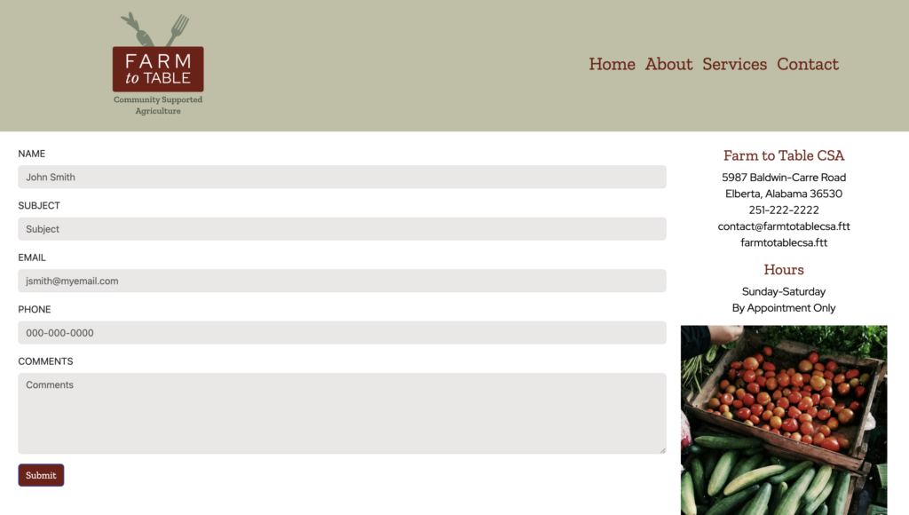farm to table contact form